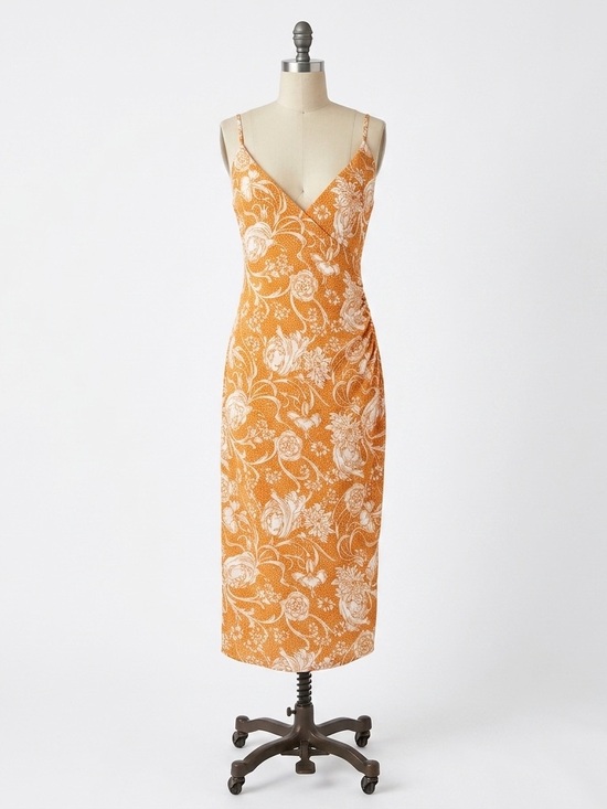 Joie Dresses & Skirts - Joie Ruched Cross-Neck Orange and White Floral Midi Slip Dress Size Small